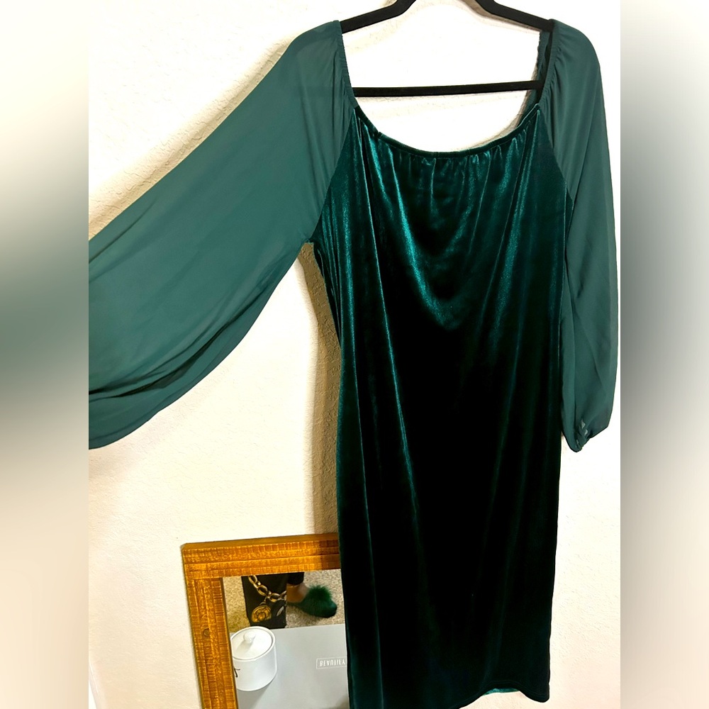 Velvet Green Party midi dress sheer sleeves
